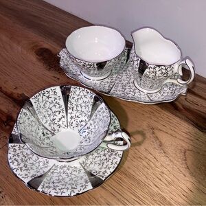 Vintage Silver Bone China Teacup & Saucer + Sugar/Milk Set (5pc) - Queen Anne
